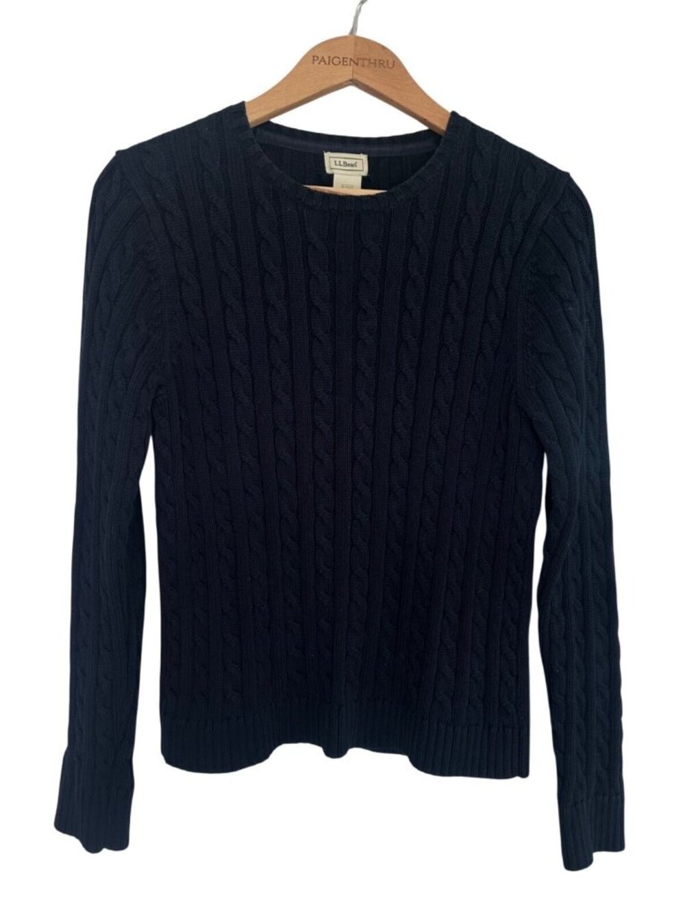 LL Bean Women's Small Navy Cableknit Cotton Crewneck Sweater Nautical Casual